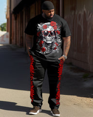 Rose Flower Skull Print T-shirt Trousers Suit Men's Large