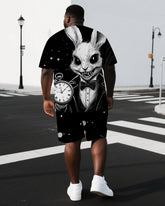 Men's Funny Mr. Rabbit Illustration Back Print Big & Tall Breathable Short-Sleeve T-shirt Shorts Set