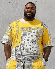 Big & Tall Men's Yellow And White Stitching Paisley Printed Crew Neck Short Sleeve T-shirt Shorts Set