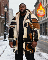 Big & Tall Men's Abstract Geometric Art Printed Velvet Thickened Long Hooded Coat