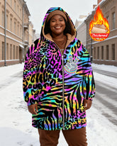 Women's Colorful Leopard Zebra Print Stitching And Peace Gesture Printed Velvet Thickened Long Hooded Coat