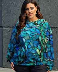 Colorful Leaf Print Big & Tall Round Neck Long Sleeve Sweatshirt