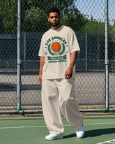 Big Men's Casual Cartoon Basketball LOS ANGELES Letter Printed Short Sleeve T-shirt Pants Set