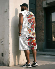 Big & Tall Men's White Vintage Floral Print Tank Shorts Suit