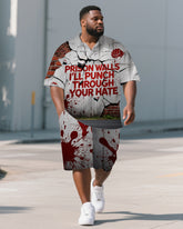 Big Men's Casual Style PRISON Theme Broken Wall Printed Short-Sleeve Polo Shirt Shorts Set