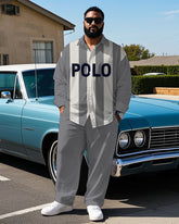 Big Guy's Simple Style POLO Letter with Gray & White Stripe Printed Long Sleeve Shirt Pants Set