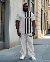 Big Men's Simple Sporty Black Stripe POLO Letter Printed Fashion Short Sleeve T-shirt Pants Set
