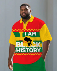 Big Men's Stripe Splicing Style BLACK HISTORY Juneteenth Theme Short Sleeve Polo Shirt Shorts Suit