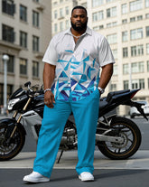Men's Plus Size Business White & Blue Geometric Gradient Arrangement Short Sleeve Shirt Trousers Suit