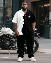 Men's Plus Size Business Black And White Color Block K Letter Printed Short Sleeve Shirt Trousers Suit