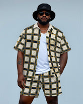 Big Men's Daily Casual Classic Metal Plaid Printed Short Sleeve Shirt and Shorts Set