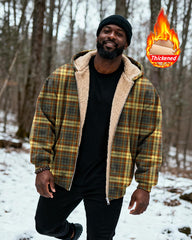 Big & Tall Men's Vintage Yellow Plaid Print Velvet Thickened Zipper Hoodie
