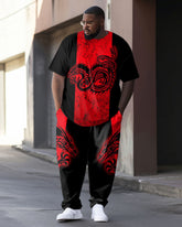 Men's Plus Size Red And Black Color Block Dragon Totem Print T-shirt Trousers Suit