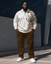 Men's Brown Lion Print Polo Top Zip Trousers Suit