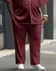 Men's Plus Size All-match Solid Color Burgundy Red Short-sleeved Shirt Trousers Suit