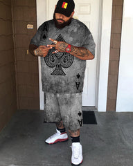 Men's Casual Spades Poker Print Short Sleeve T-shirt Sets