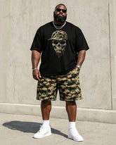 Big & Tall Men's Camouflage Skull Print Round Neck Short Sleeve T-Shirt Shorts Set