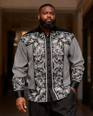 Big & Tall Men's Cashew Flower Checkerboard Printed Long Sleeve Shirt