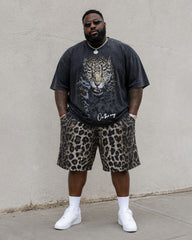 Big & Tall Men's Front And Back Printed Black Leopard Printed Round Neck Short Sleeve T-shirt Shorts Set