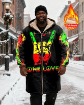 Big & Tall Men's Reggae Peace Gesture ONE LOVE Printed Velvet Thickened Long Hooded Coat
