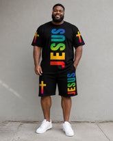 Big & Tall Men's JESUS Rainbow Gradient Print Round Neck Short Sleeve T-Shirt Shorts Set