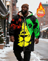 Big & Tall Men's Reggae Tricolor Lion Printed Velvet Thickened Long Hooded Coat