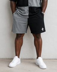 Big & Tall Men's JESUS Black And White Stitching Cross Print Round Neck Short Sleeve T-Shirt Shorts Set