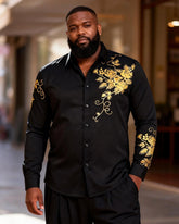 Big & Tall Men's Simple Black And Gold Rose Print Long Sleeve Shirt