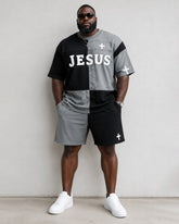 Big & Tall Men's JESUS Black And White Stitching Cross Print Round Neck Short Sleeve T-Shirt Shorts Set