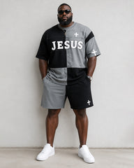 Big & Tall Men's JESUS Black And White Stitching Cross Print Round Neck Short Sleeve T-Shirt Shorts Set