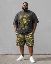 Big & Tall Men's Camouflage Leopard Head Print Round Neck Short Sleeve T-Shirt Shorts Set