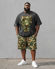 Big & Tall Men's Camouflage Leopard Head Print Round Neck Short Sleeve T-Shirt Shorts Set