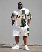 Big & Tall Men's JESUS Cross Patchwork Printed Round Neck Short Sleeve T-Shirt Shorts Set