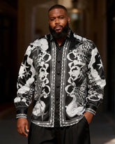 Big & Tall Men's Black & White Sea Life Totem Print Long Sleeve Shirt