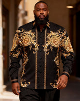 Big & Tall Men's Black And Gold Sun God Baroque Print Long Sleeve Shirt