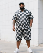 Big Man's Daily Leisure Outdoor Activities Black And White Gray Creative Checkered Camouflage Short Sleeve Shirt Shorts Suit