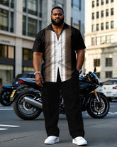 Men's Plus Size Black & Brown & White Stitching Top Line Sewing Short Sleeve Shirt Trousers Suit