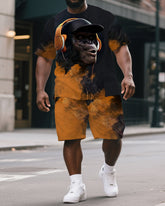 Men's Big & Tall Cartoon Splicing Headphone Gorillas Print Short-Sleeved T-shirt & Short Set