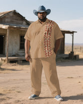 Big Men's Western Splicing Geometric Pattern Theme Casual Short-Sleeve Shirt Trouser Sets