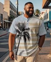 Men's Plus Size Daily Casual Blue Striped Coconut Tree Print Henry Collar Button Short Sleeve T-Shirt