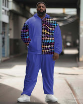 Men's Plus Size Street Fashion Houndstooth Patchwork Print Sport Zipper Hoodie Suit
