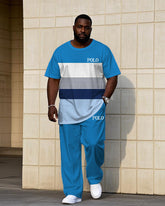 Men's Plus Size Summer Blue & White Striped Chest Small Label Printed Short Sleeve T-Shirt Trousers Suit