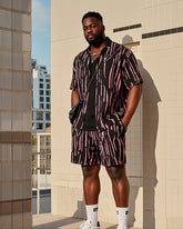 Big Men's Fashion Red Black Irregular Stripe Color Block Printing Short Sleeve Shirt Shorts Suit