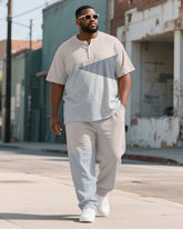 Men's Plus Size Blue Apricot Colorblock Printed Henley Collar T-Shirt Trousers Suit