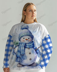 Women's Plus Cute Snowman Painting Plaid Print Long Sleeve T-shirt