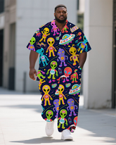 Big Men's Cartoon World Alien Printed Casual Outdoor Short-Sleeve Shirt Pants 2-piece Sets