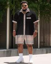 Men's Large Size Casual Color Block Plaid Retro Street Short Shirt Shorts Suit