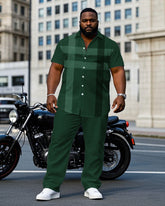 Men's Plus Size Gentleman Style Green Large Plaid Short Sleeve Shirt Pants Suit