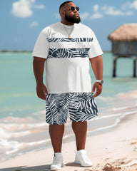 Hawaiian Simple Striped Leaf Print Shorts Big Guy's Set