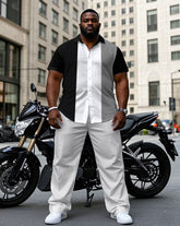 Men's Plus Size Classic Black & White & Grey Colorblock Short Sleeve Shirt Trousers Suit